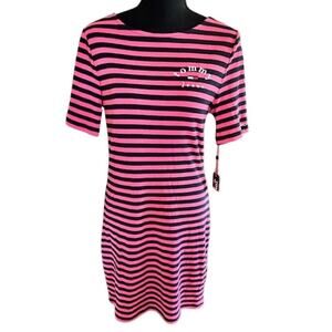 Tommy Jeans Pink and Navy Striped T-Shirt Dress Scoop Back | Size Large